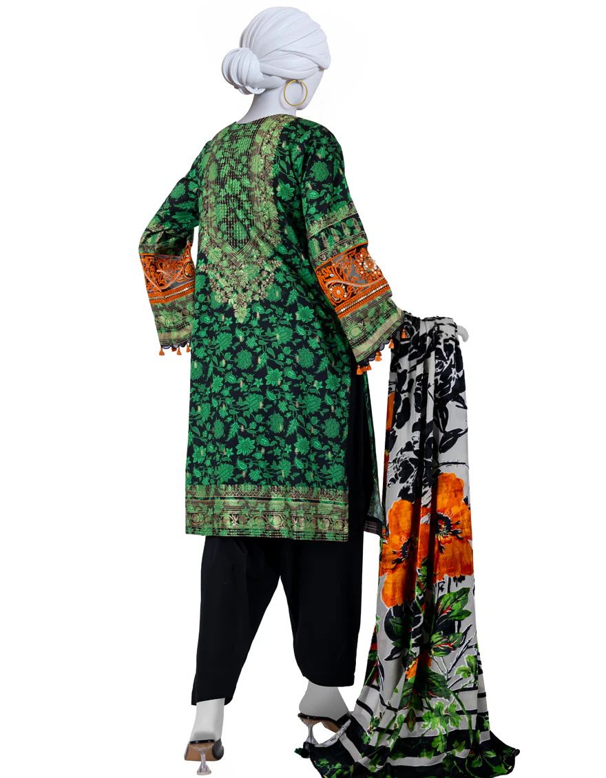 GREEN JACQUARD 3PC UNSTITCHED | JJLS-W-JW-24-1717 FB/GOLD FLORA-2 - Image 2