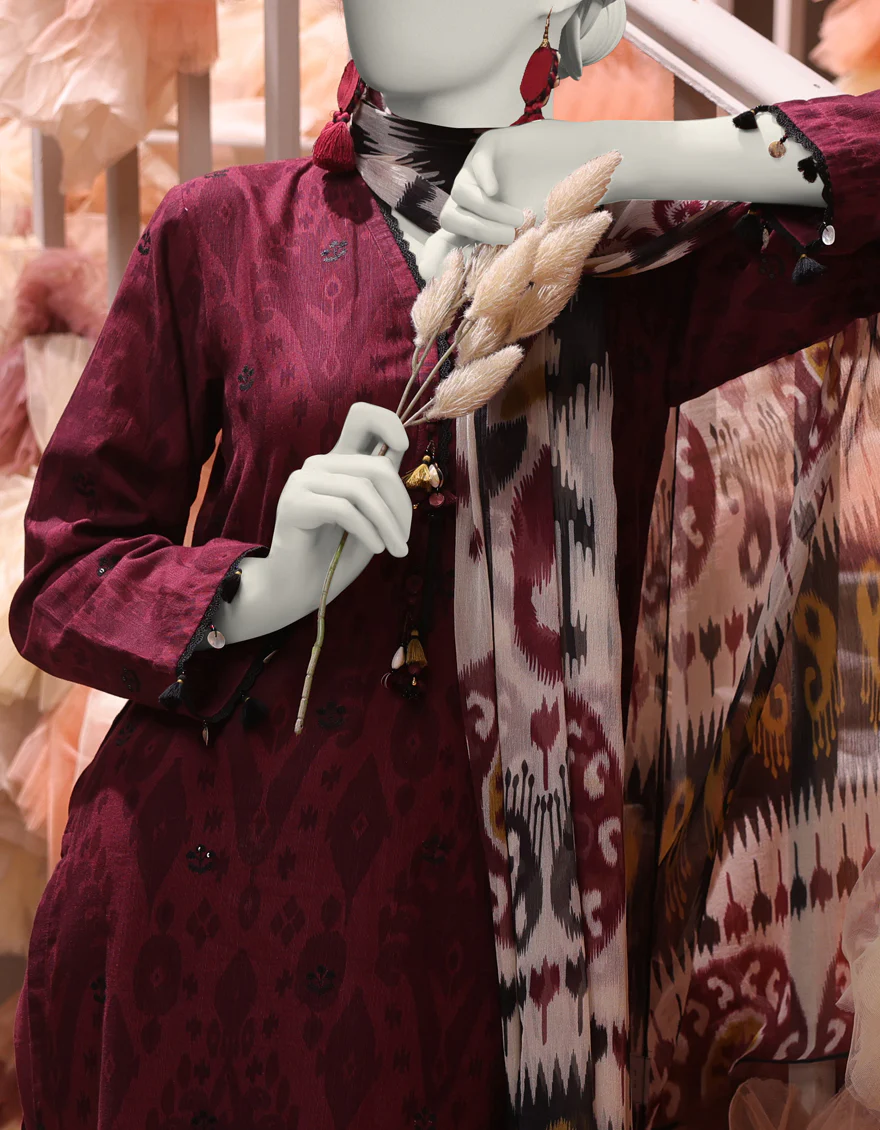 RED SLUB 3PC UNSTITCHED | JJLS-W-JW-24-1726 FB/IKAT-5 - Image 3