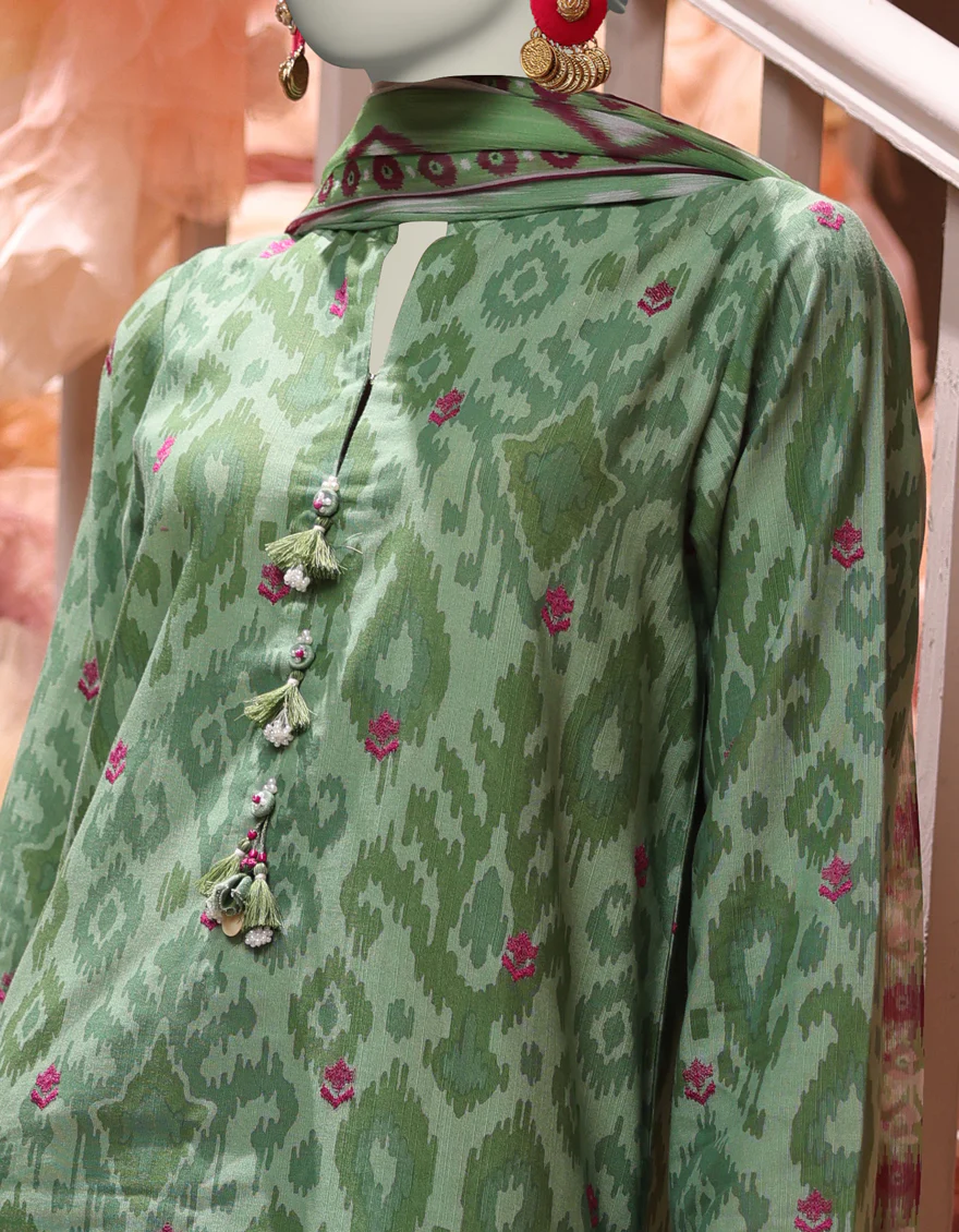 GREEN SLUB 3PC UNSTITCHED | JJLS-W-JW-24-1727 FB/IKAT-6 - Image 4