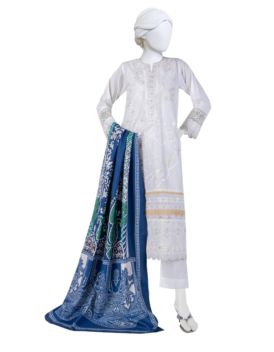 WHITE CAMBRIC 3PC UNSTITCHED | JJLS-W-JW-24-1743 FB/LUXE-A-08 - Image 2