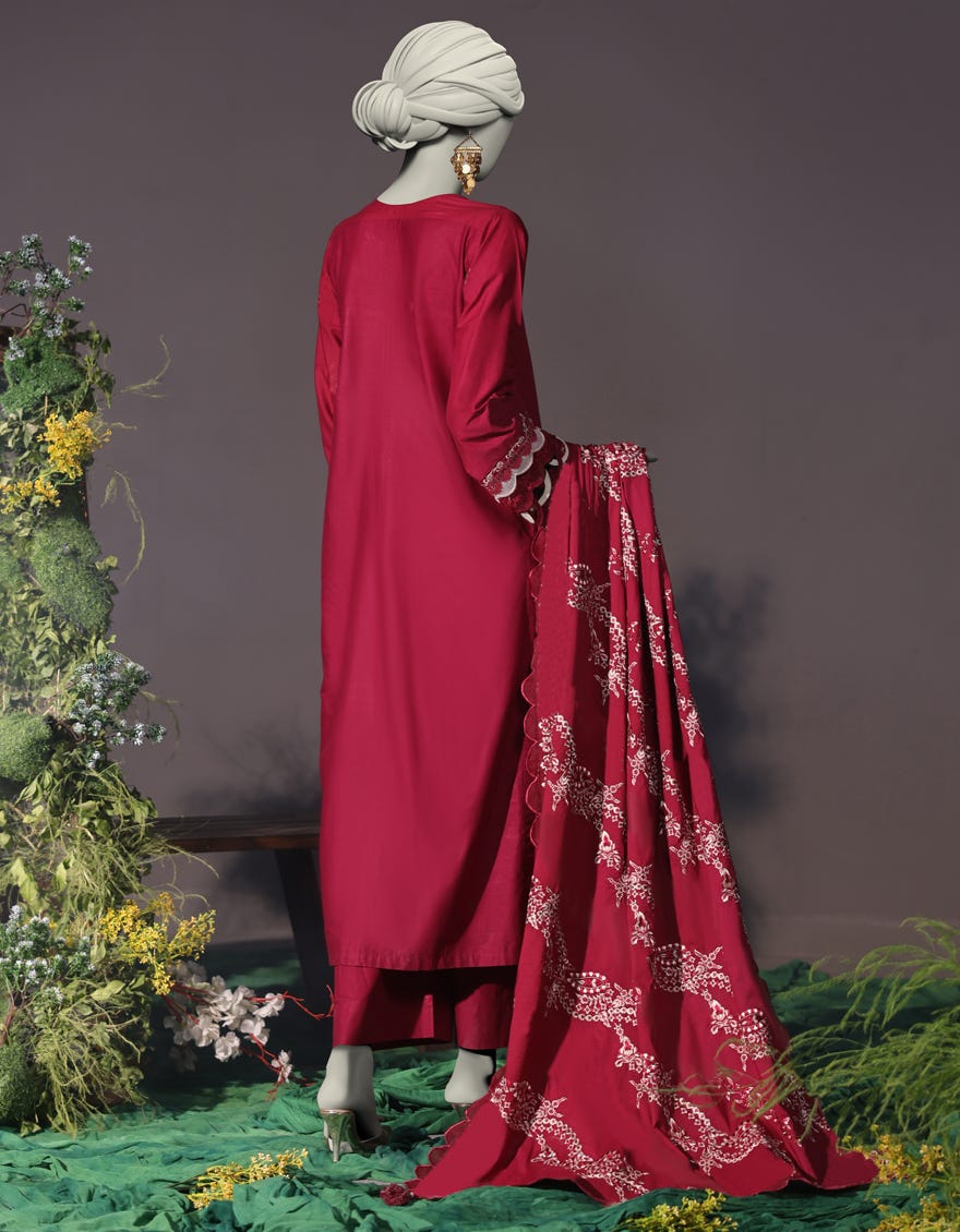 RED CAMBRIC 3PC UNSTITCHED | JJLS-W-JW-24-1745 FB/LUXE-B-02 - Image 2