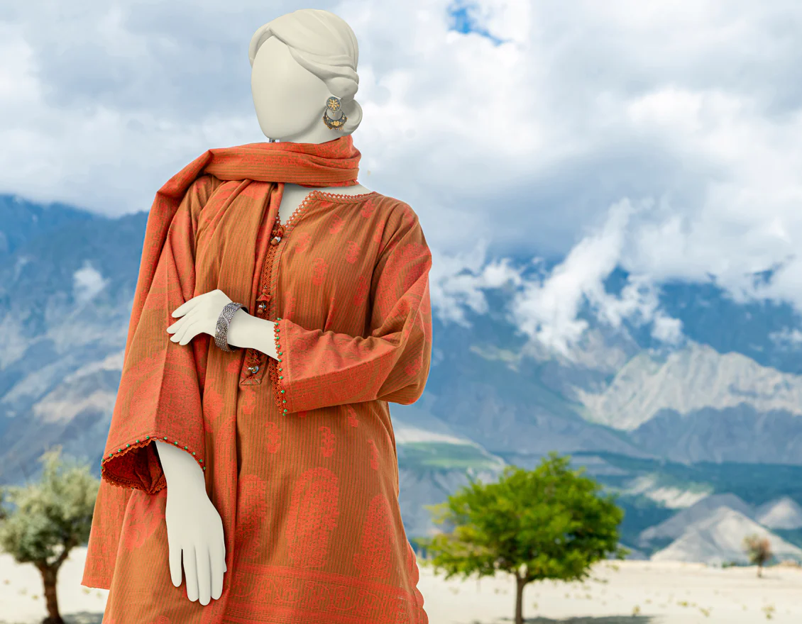 ORANGE JACQUARD 3PC UNSTITCHED | JJLS-W-JW-US-23-1706 FB/MUGHAL-2 - Image 4