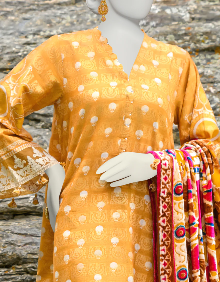 MUSTARD JACQUARD 3PC UNSTITCHED | JJLS-W-JW-US-23-1752 FB/MIRAGE-04 - Image 2