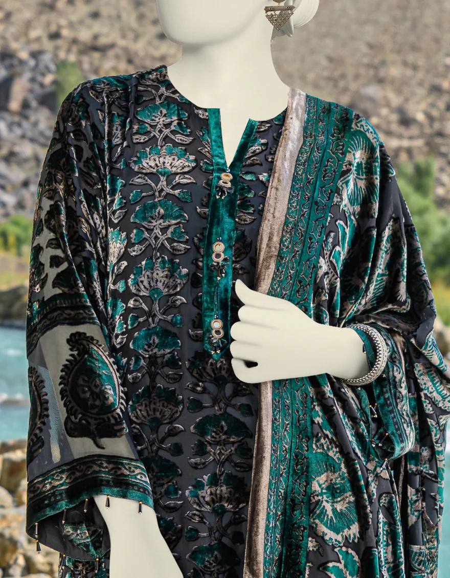 GREEN-BLACK PALACHI 3PC UNSTITCHED | JJLS-W-JW-US-23-1756 FB/VELVETEEN-04 - Image 4