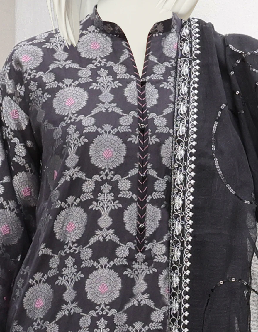 BLACK JACQUARD 3PC UNSTITCHED | JJLS-W-JWU-US-22-1854 FB/AUDEN - Image 3