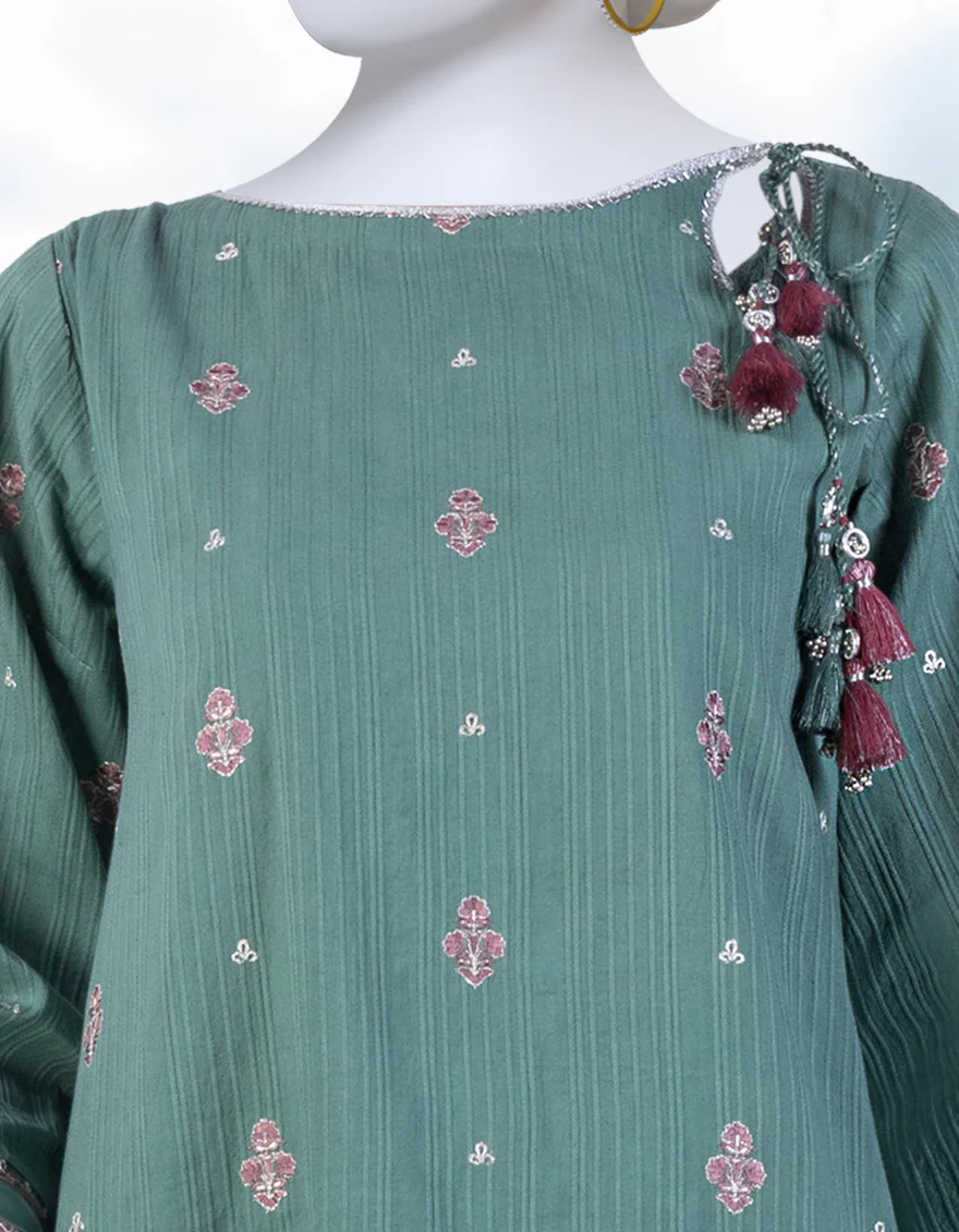 BOTTLE GREEN KARANDI 3PC UNSTITCHED | JJLS-W-JWU-US-23-1849 FB/VOUGE-1 - Image 3