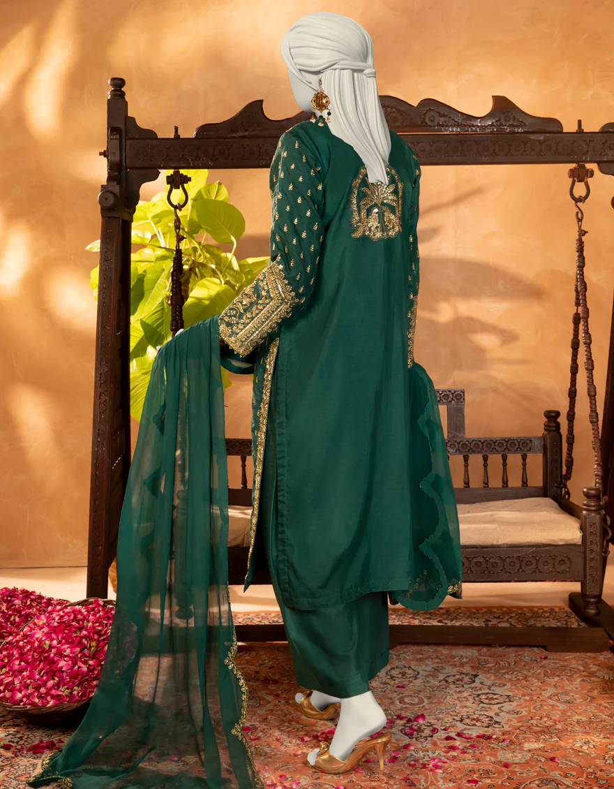 GREEN RAW SILK 3PC STITCHED | JJPW-S-JPS-25-3903 F - Image 2