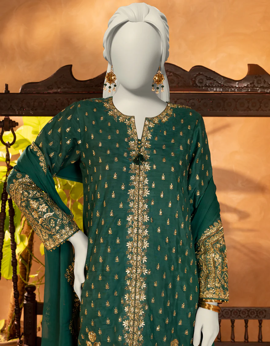 GREEN RAW SILK 3PC STITCHED | JJPW-S-JPS-25-3903 F - Image 3