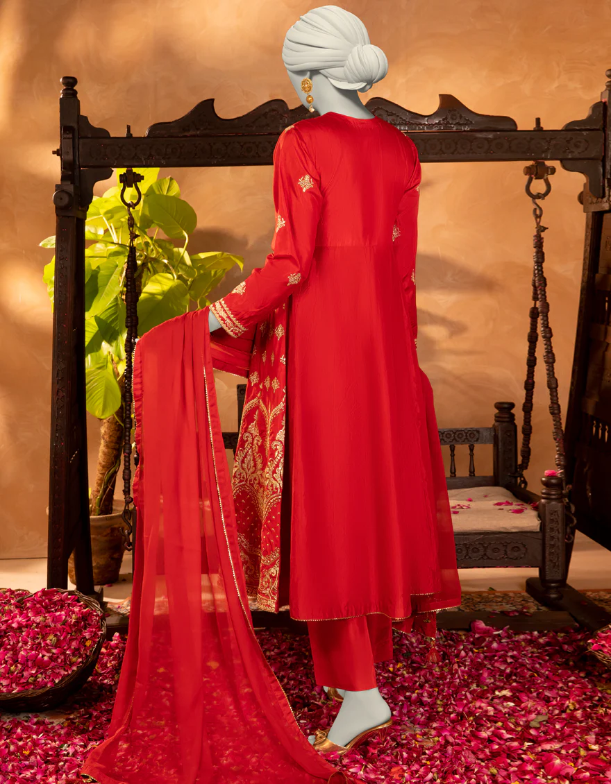 RED RAW SILK 3PC STITCHED | JJPW-S-JPS-25-3905 F - Image 2