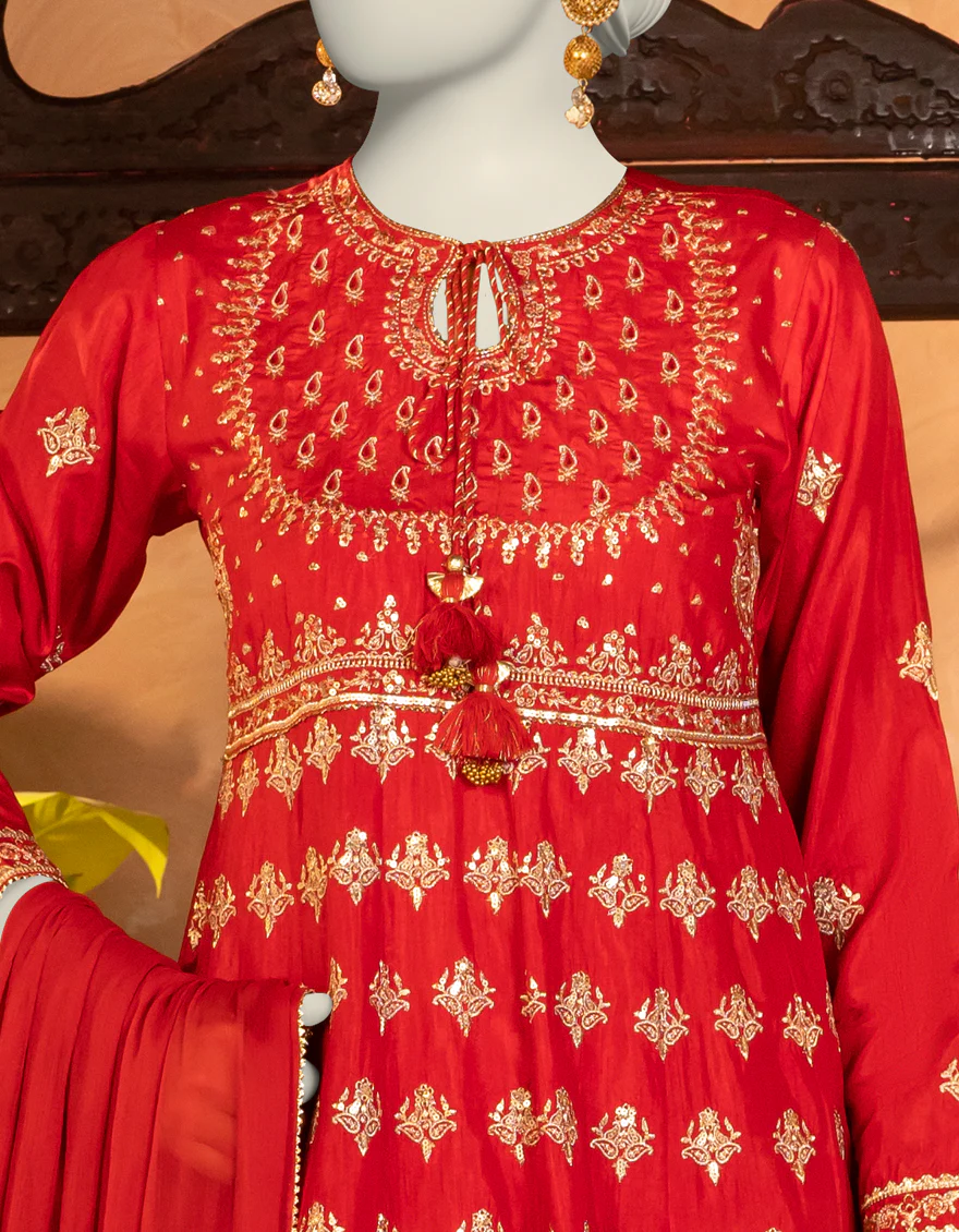 RED RAW SILK 3PC STITCHED | JJPW-S-JPS-25-3905 F - Image 3