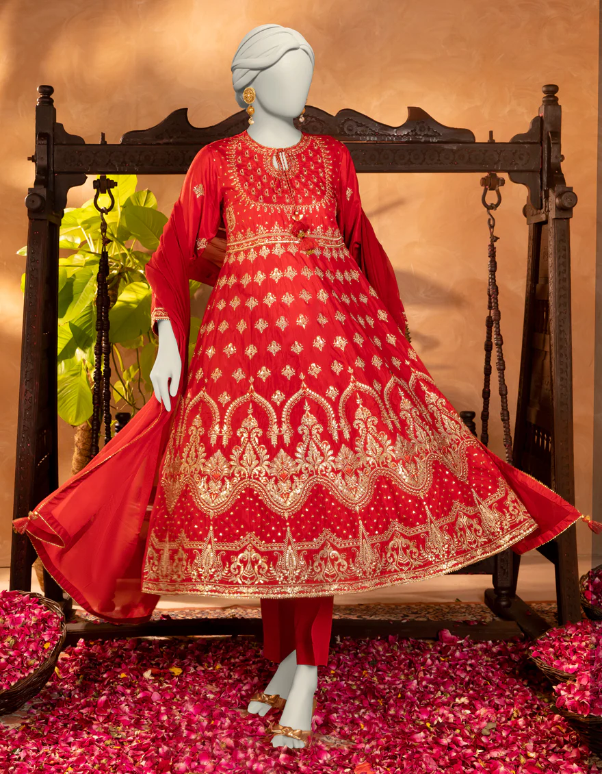 RED RAW SILK 3PC STITCHED | JJPW-S-JPS-25-3905 F - Image 4