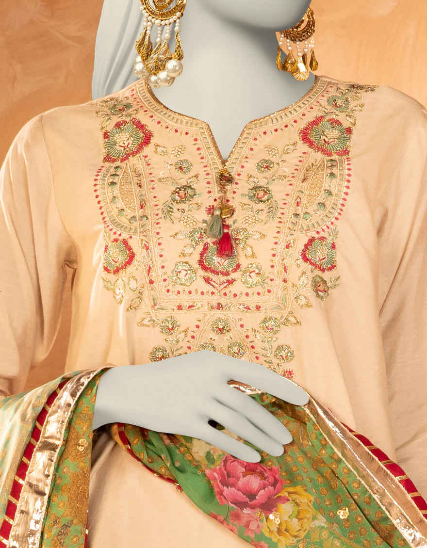 BEIGE COTTON SILK 3PC STITCHED | JJPW-S-JPS-25-3906 F - Image 4