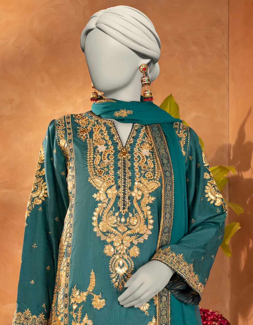 GREEN RAW SILK 3PC STITCHED | JJPW-S-JPS-25-3915 F - Image 3