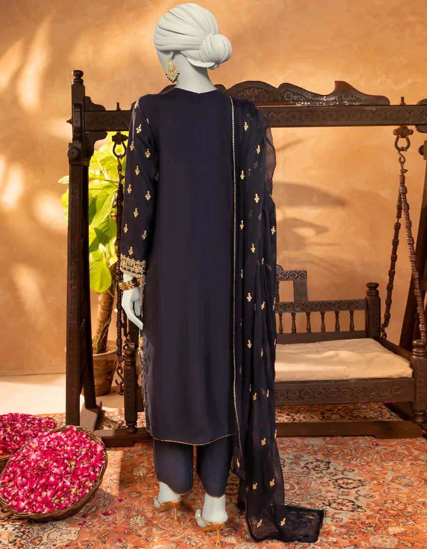 NAVY BLUE RAW SILK 3PC STITCHED | JJPW-S-JPS-25-3919 F - Image 2