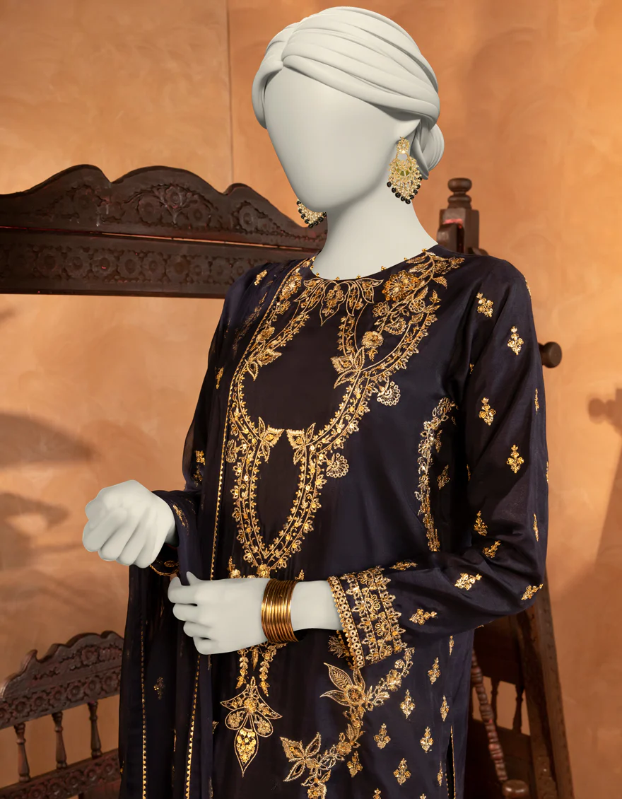 NAVY BLUE RAW SILK 3PC STITCHED | JJPW-S-JPS-25-3919 F - Image 3