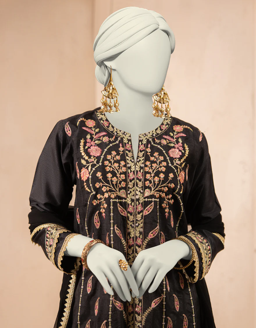 BLACK RAW SILK 3PC STITCHED | JJPW-S-JPS-25-3929 F - Image 3