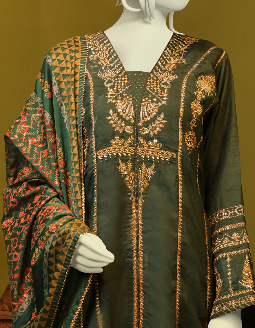 DARK GREEN RAW SILK 3PC STITCHED | JJPW-S-JPS-US-22-3927 FB/JH-166(MF-840) - Image 3