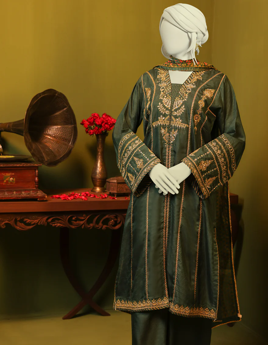 DARK GREEN RAW SILK 3PC STITCHED | JJPW-S-JPS-US-22-3927 FB/JH-166(MF-840) - Image 4