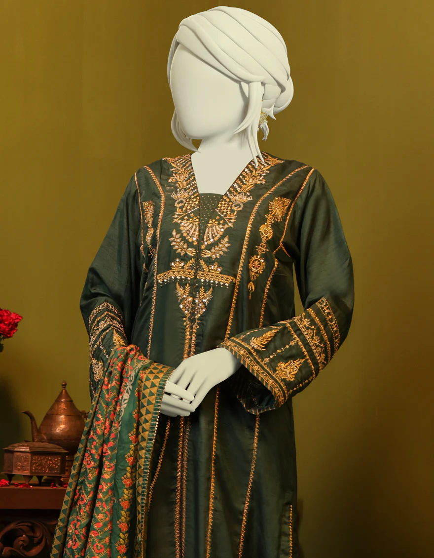DARK GREEN RAW SILK 3PC STITCHED | JJPW-S-JPS-US-22-3927 FB/JH-166(MF-840) - Image 5