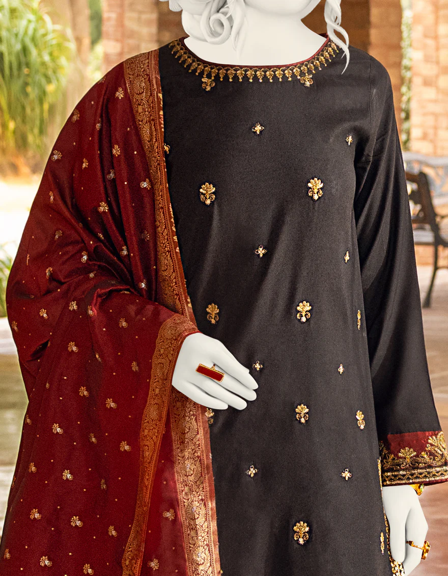 BLACK RAW SILK 3PC STITCHED | JJPW-S-JPWF-US-22-001 FB/FF-035 - Image 2