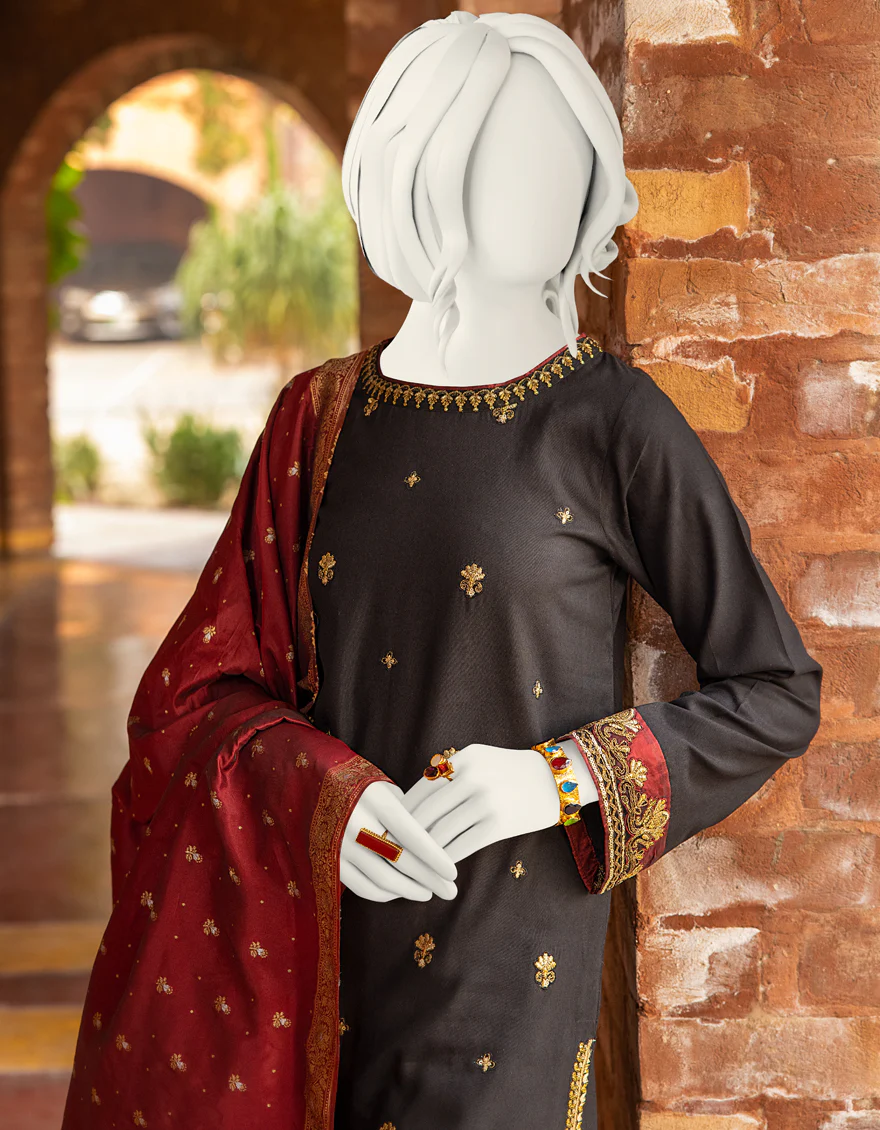 BLACK RAW SILK 3PC STITCHED | JJPW-S-JPWF-US-22-001 FB/FF-035 - Image 3