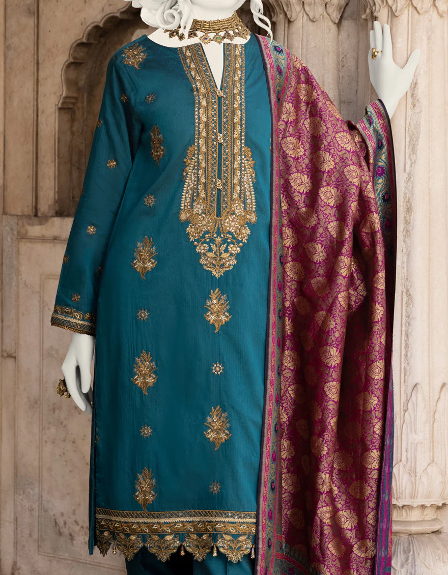 TEAL GREEN RAW SILK 3PC STITCHED | JJPW-S-JPWF-US-22-002 FB/FF-035 - Image 3