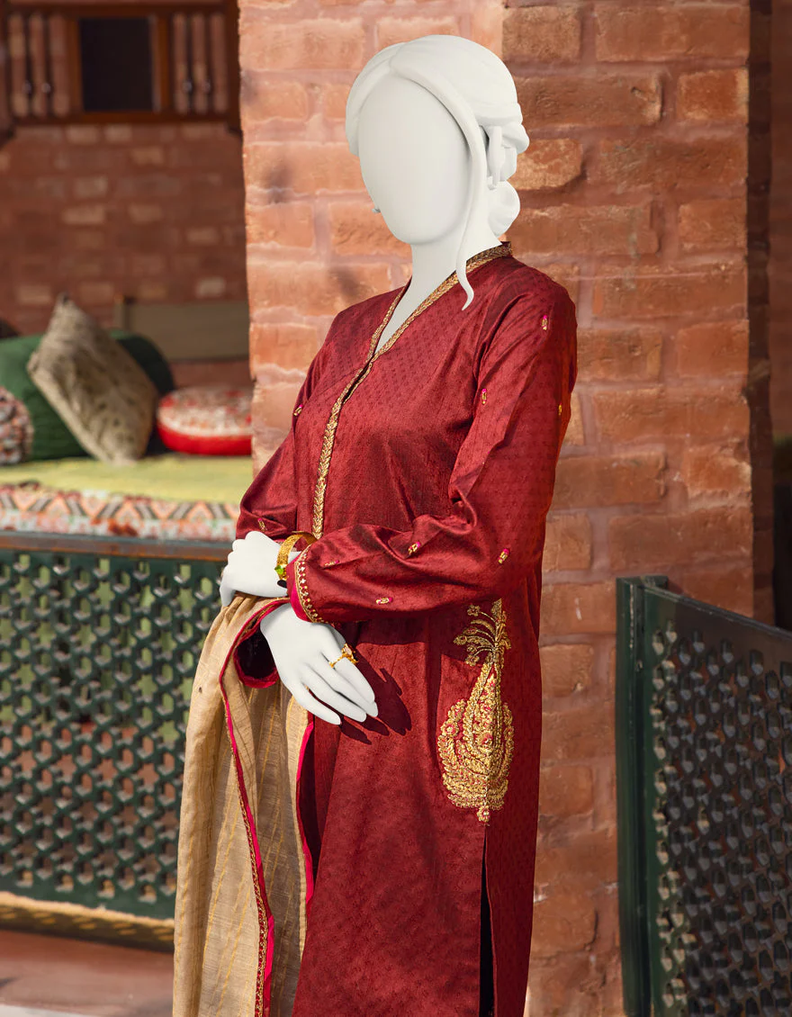 MAROON RAW SILK 3PC STITCHED | JJPW-S-JPWF-US-22-008 FB/FF-386 - Image 3