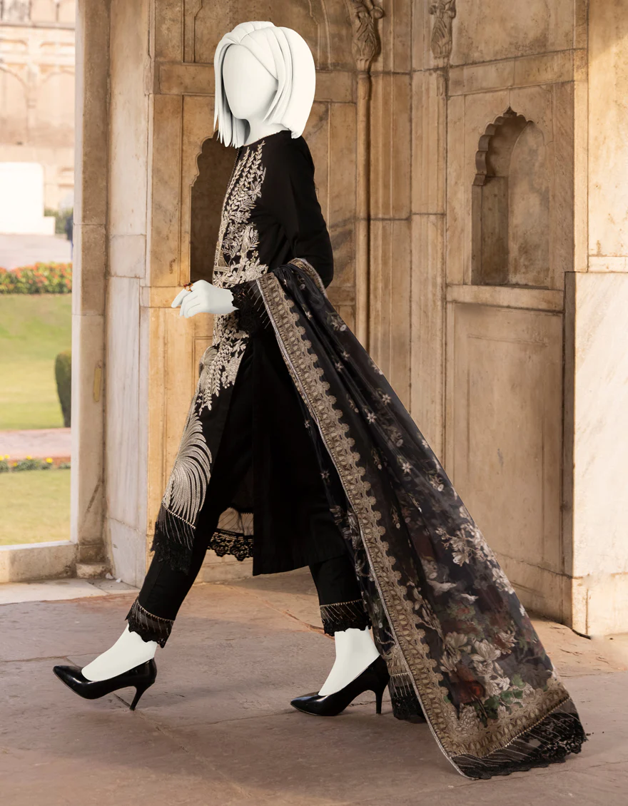 BLACK RAW SILK 3PC STITCHED | JJPW-S-JPWF-US-22-011 FB/FF-035 - Image 3
