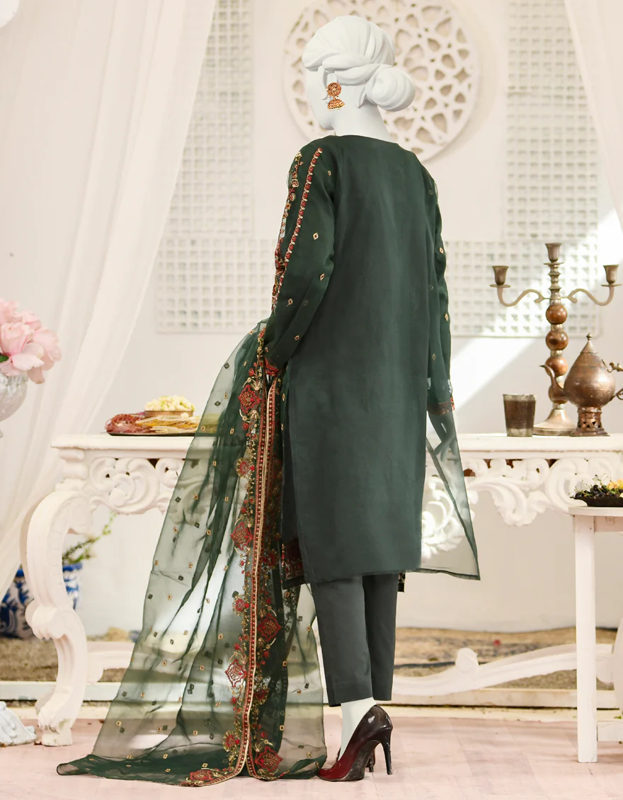 DARK GREEN ORGANZA 3PC STITCHED | JJPW-S-JPWF-US-22-046 FB/AJ-015 - Image 2