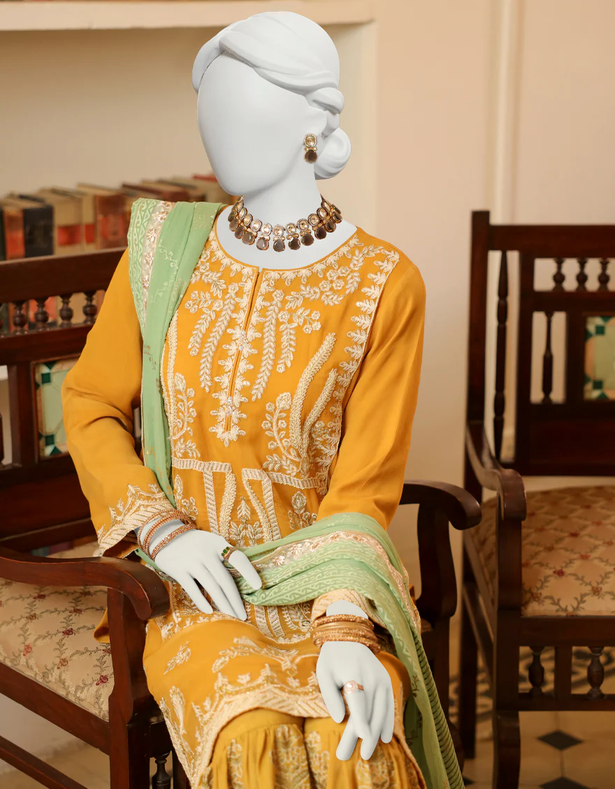 MUSTARD CHIFFON 3PC STITCHED | JJPW-S-JPWF-US-23-099 FB/FF-002 - Image 2