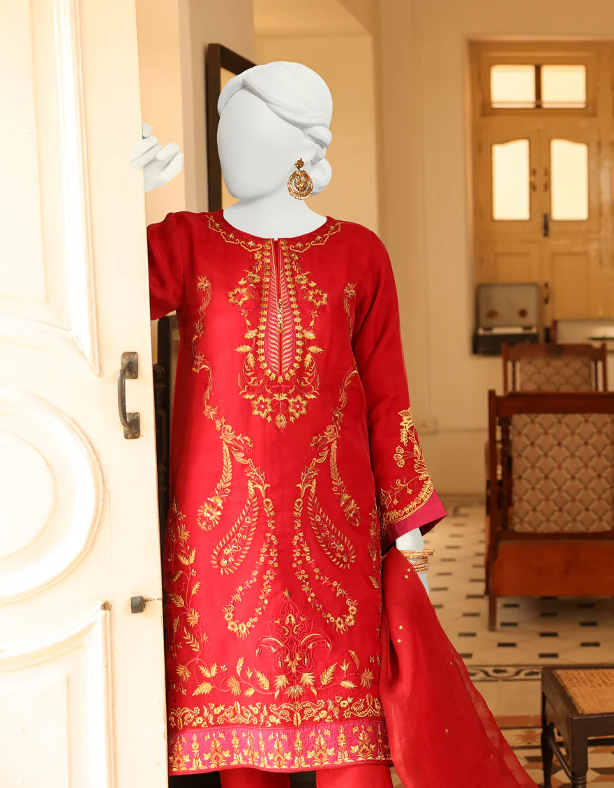 RED ORGANZA 3PC STITCHED | JJPW-S-JPWF-US-23-101 FB/FF-272 - Image 2