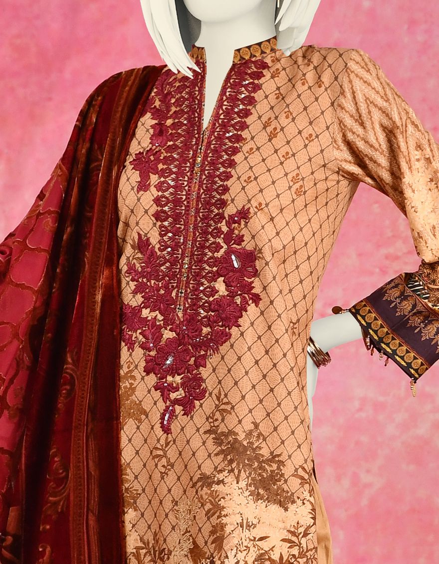 BEIGE-GOLD LAWN 3PC STITCHED | JJPW-S-JPWS-US-21-252 FB/TRADITIONAL MAROON - Image 2