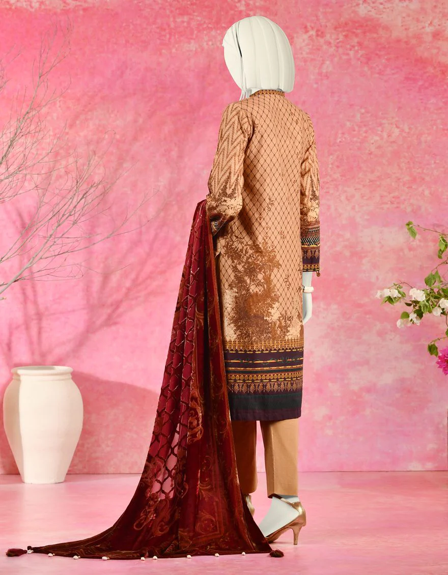 BEIGE-GOLD LAWN 3PC STITCHED | JJPW-S-JPWS-US-21-252 FB/TRADITIONAL MAROON - Image 3