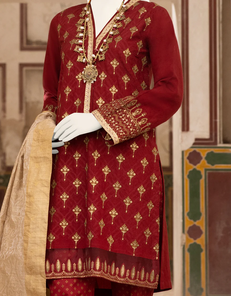 MAROON RAW SILK 3PC STITCHED | JJPW-S-JPWS-US-22-303 FB/MF-664 - Image 2