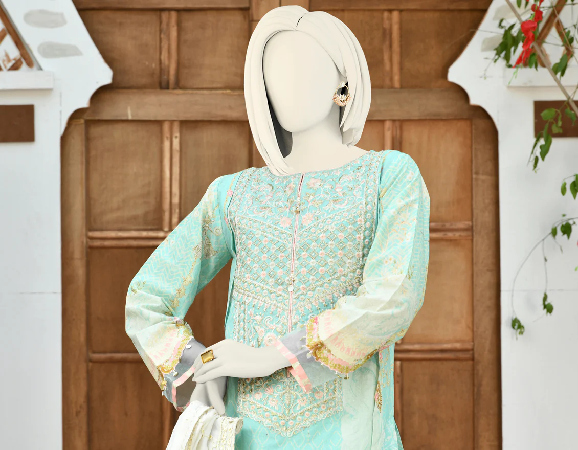 SEA BLUE CAMBRIC 3PC STITCHED | JJPW-S-JPWS-US-22-306 FB/NOOR MAHAL - Image 3
