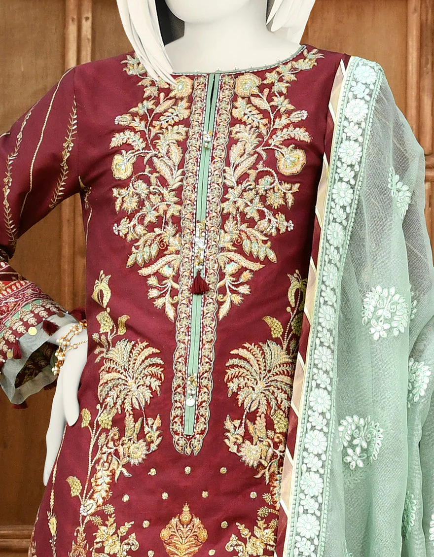 MAROON CAMBRIC 3PC STITCHED | JJPW-S-JPWS-US-22-308 FB/PEAR GREEN - Image 2
