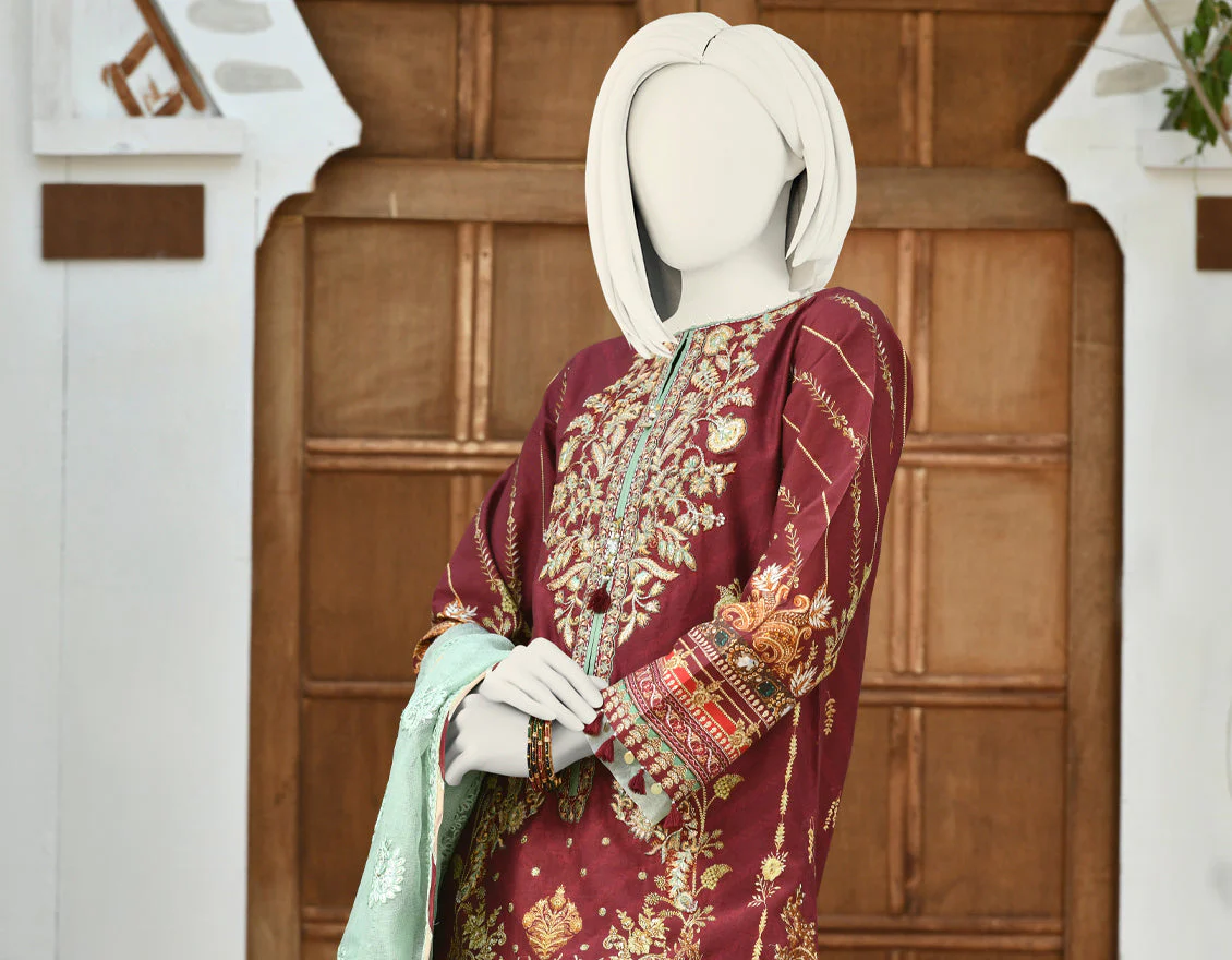 MAROON CAMBRIC 3PC STITCHED | JJPW-S-JPWS-US-22-308 FB/PEAR GREEN - Image 3