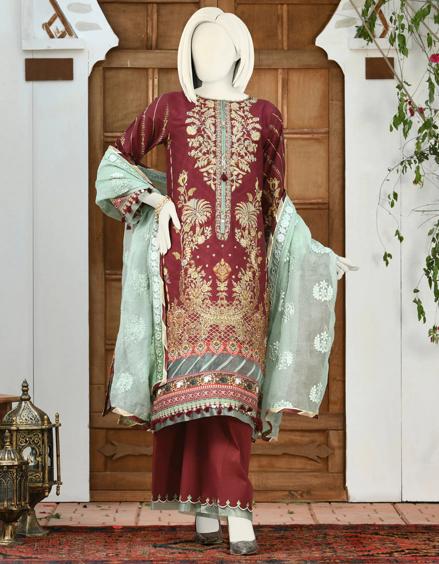 MAROON CAMBRIC 3PC STITCHED | JJPW-S-JPWS-US-22-308 FB/PEAR GREEN - Image 6