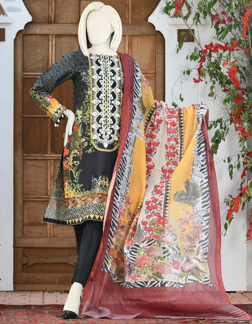 BLACK CAMBRIC 3PC STITCHED | JJPW-S-JPWS-US-22-321 FB/FLORAL DEN