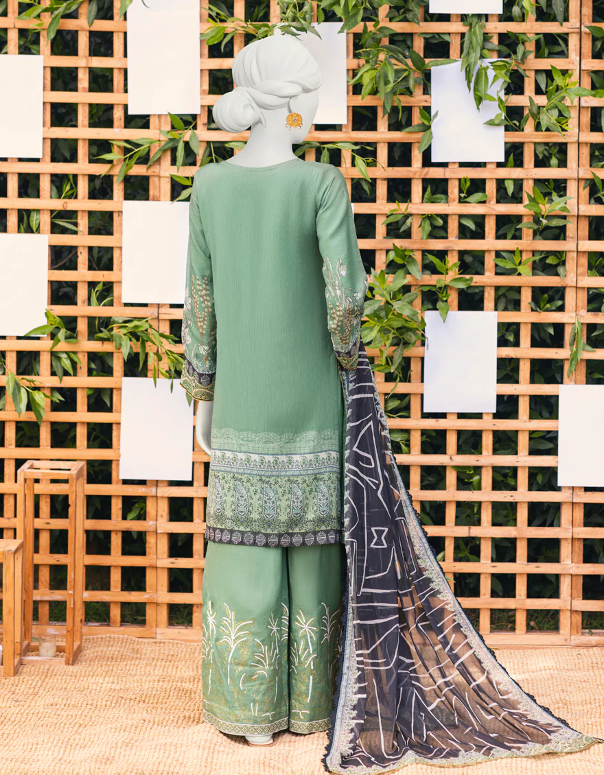 GREEN CHIFFON 3PC STITCHED | JJPW-S-JPWS-US-23-608 FB/PEBBLE - Image 2