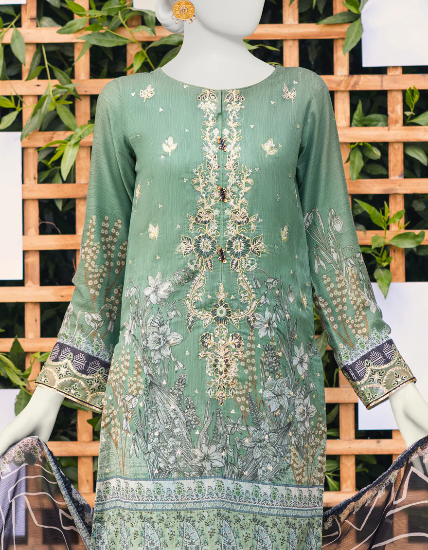 GREEN CHIFFON 3PC STITCHED | JJPW-S-JPWS-US-23-608 FB/PEBBLE - Image 4