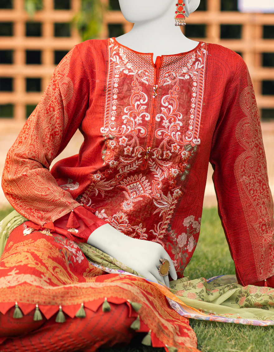 RED ORGANZA 3PC STITCHED | JJPW-S-JPWS-US-23-609 FB/PEBBLE - Image 4