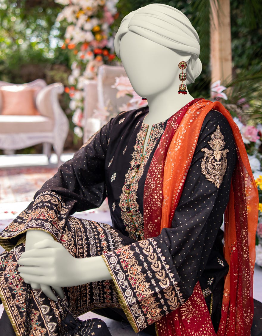 BLACK RAW SILK 3PC STITCHED | JJPW-W-JPS-24-3947 FB/INARA-2 - Image 3