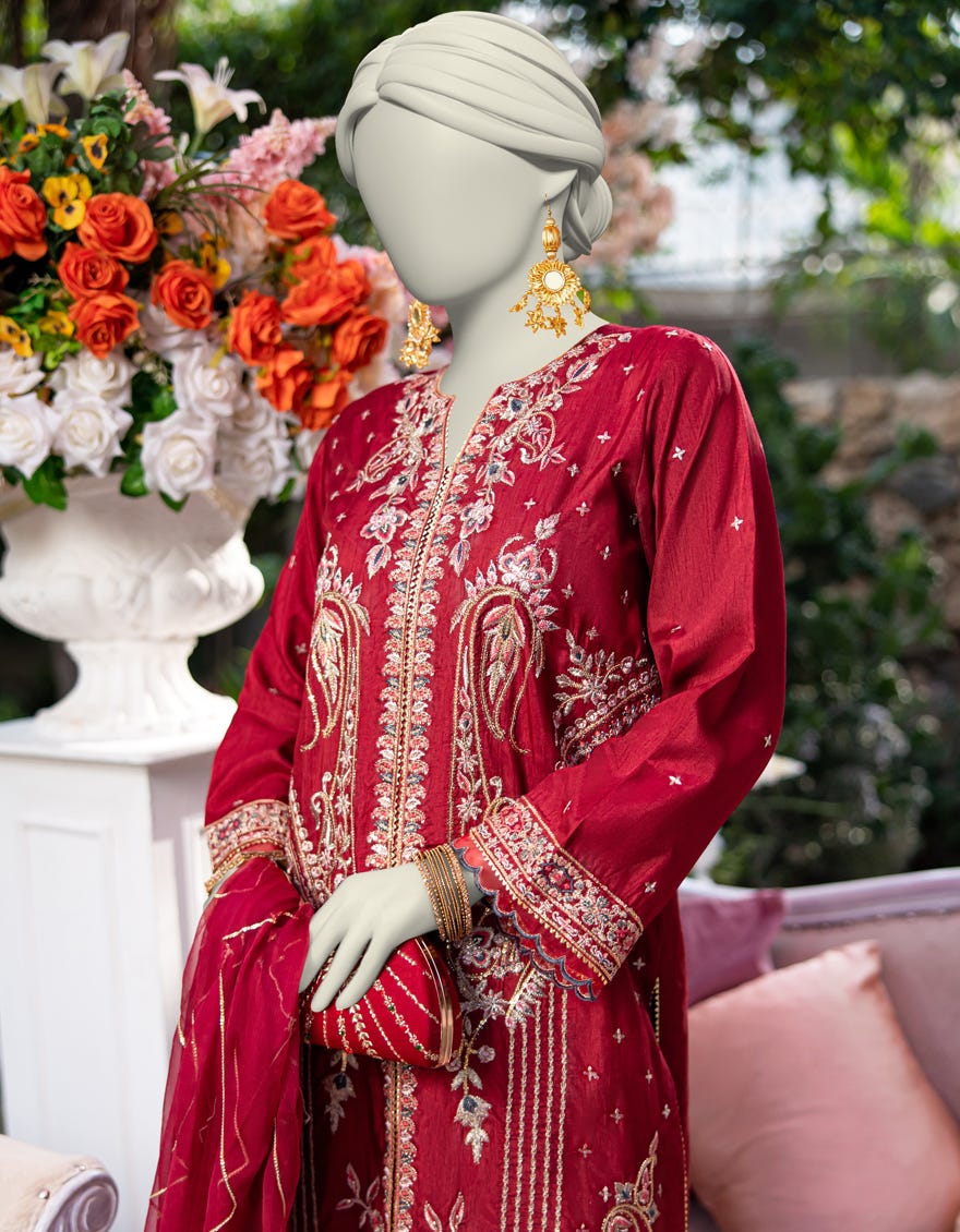 RED RAW SILK 3PC STITCHED | JJPW-W-JPS-24-3952 FB/INARA-7 - Image 3
