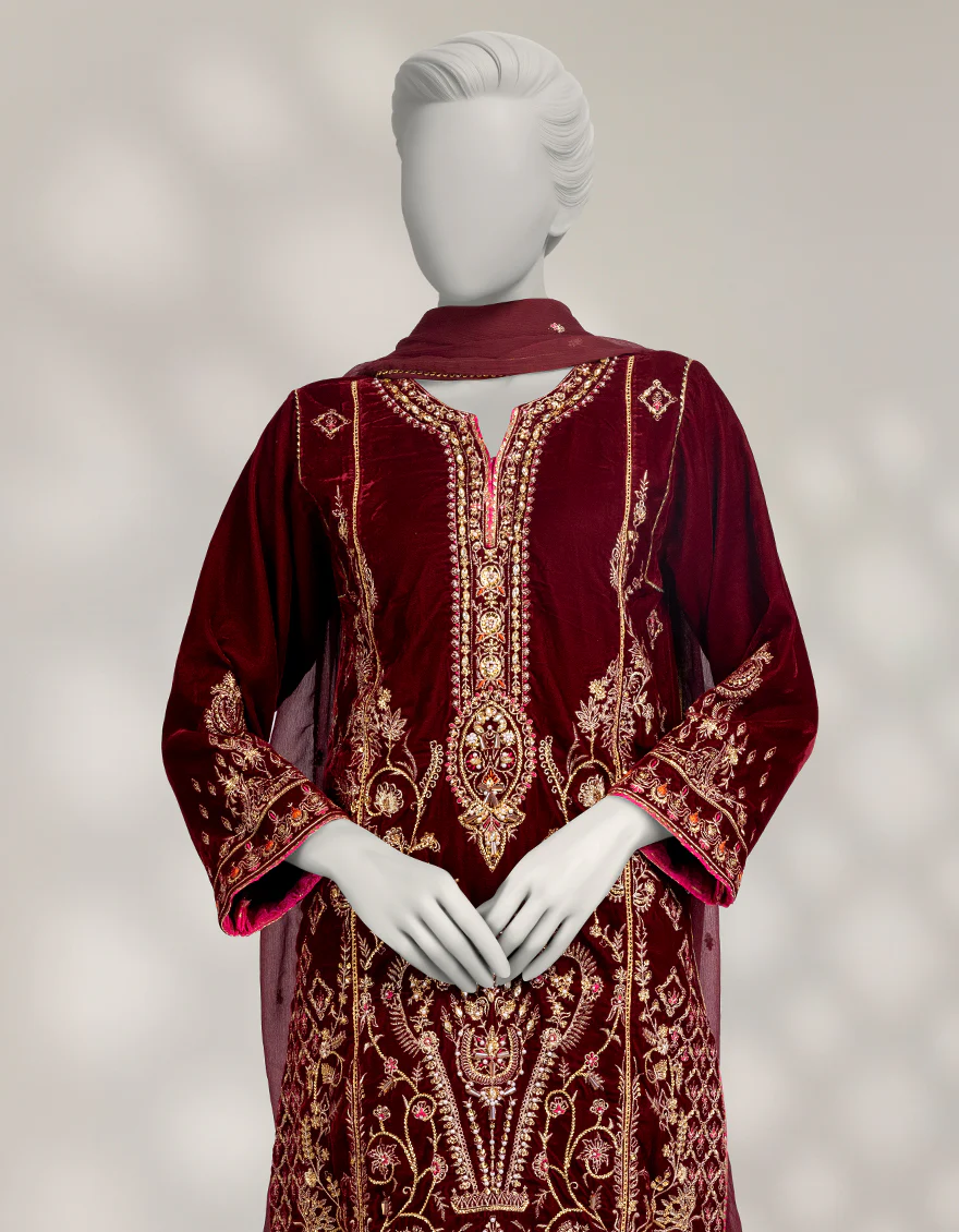 MAROON VELVET 3PC STITCHED | JJPW-W-JPS-25-3955 FB/INARA-02 - Image 2