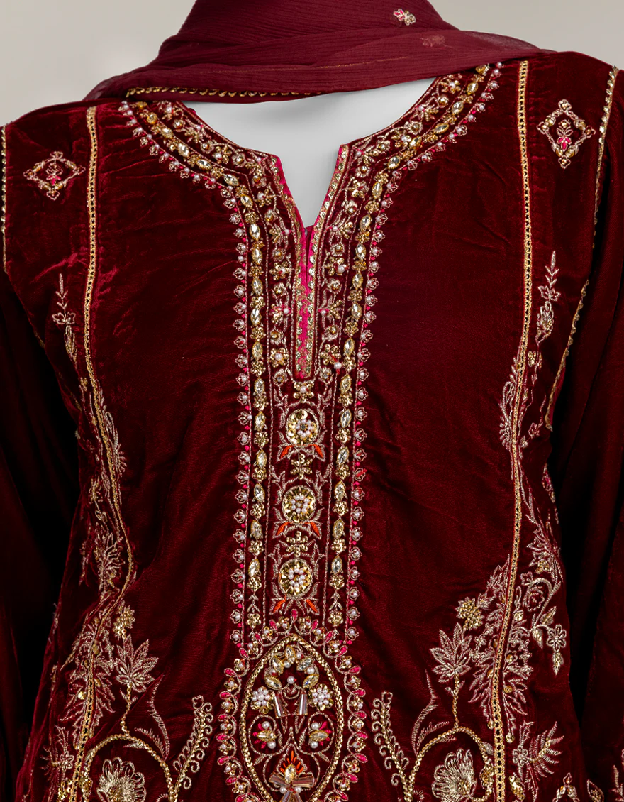 MAROON VELVET 3PC STITCHED | JJPW-W-JPS-25-3955 FB/INARA-02 - Image 4
