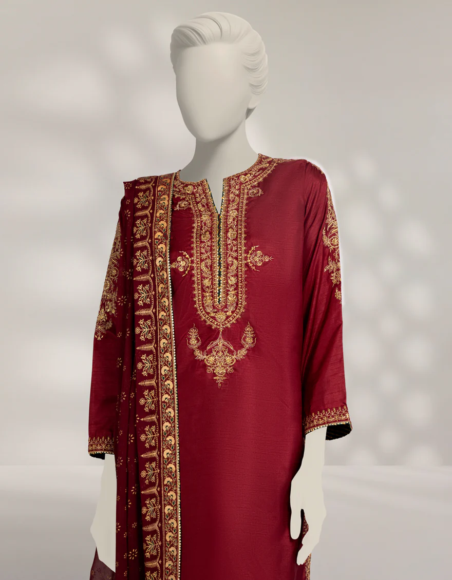 MAROON RAW SILK 3PC STITCHED | JJPW-W-JPS-25-3989 FB/DANEEN-01 - Image 2