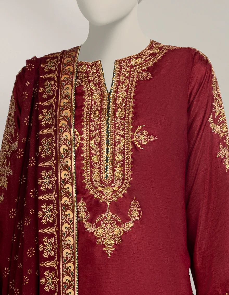 MAROON RAW SILK 3PC STITCHED | JJPW-W-JPS-25-3989 FB/DANEEN-01 - Image 4