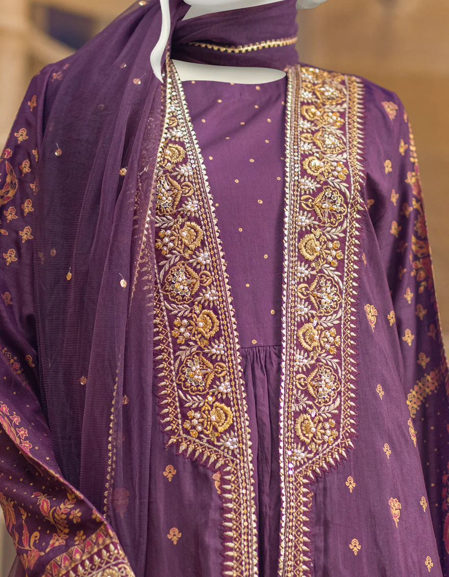 BURGUNDY RAW SILK 3PC STITCHED | JJPW-W-JPS-US-22-3936 FB/RP-026(JH-175) - Image 3