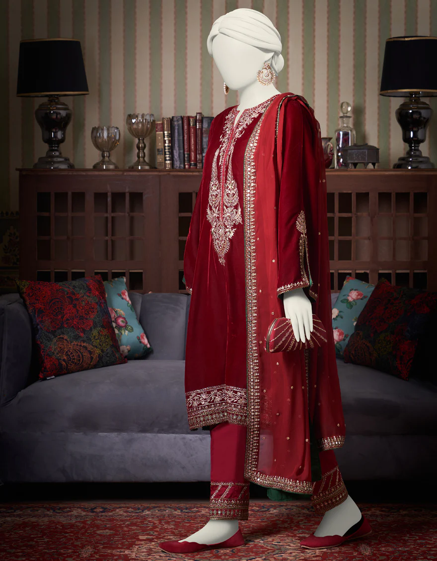 MAROON VELVET 3PC STITCHED | JJPW-W-JPS-US-23-3946 FB/HF-182 - Image 3